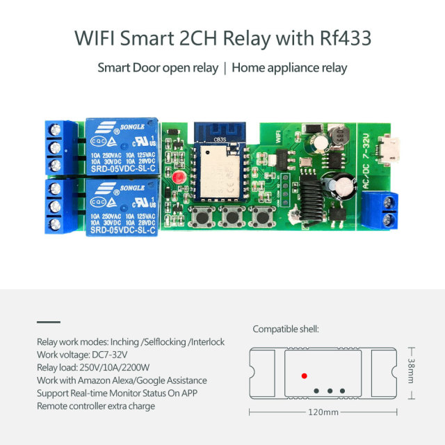 Tuya Smart WiFi 2CH Relay Module with RF433 – Voice Control, App-Enabled for Home Automation