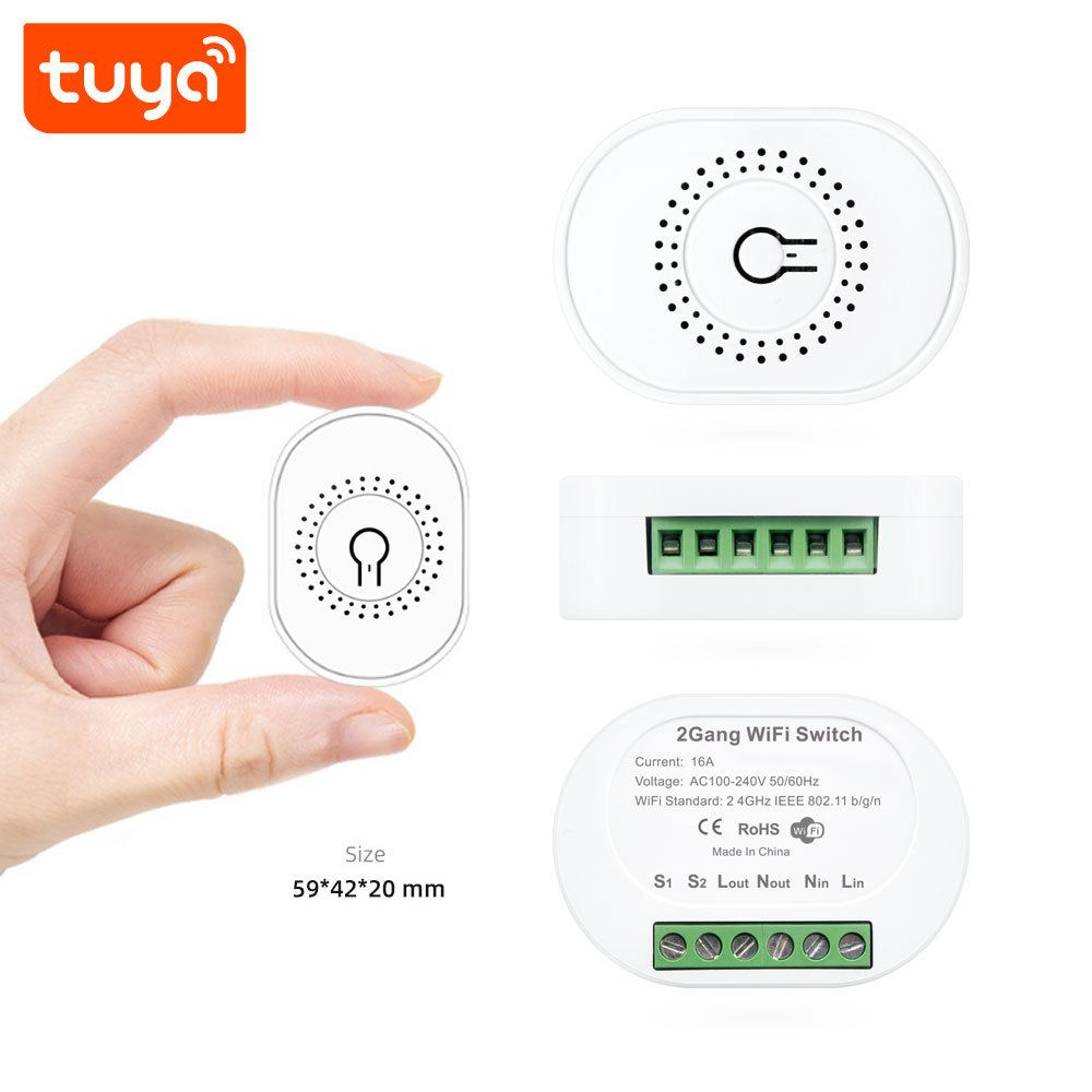 Tuya Smart Wi-Fi Mini 2CH Switch - 16A Dual-Channel Voice Control (Alexa/Google) Smart Switch Module