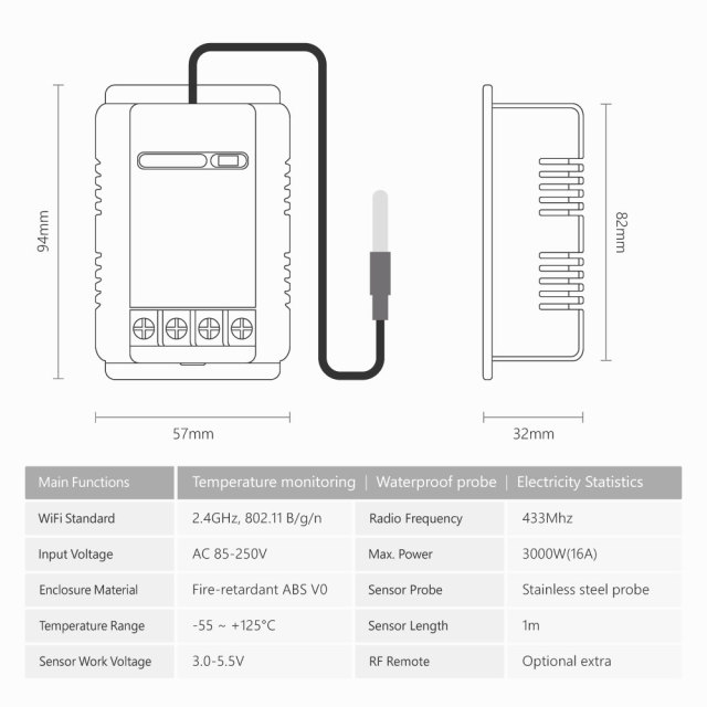 Tuya Smart WiFi Waterproof Temperature Switch 16A 3000W - RF433 Controller with Energy Monitoring