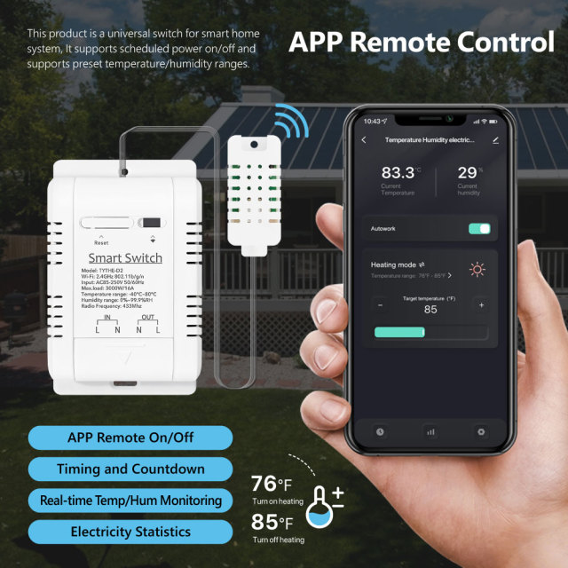 Tuya Smart WiFi Temp & Humidity Switch 16A 3000W - RF433 Controller with Energy Monitoring