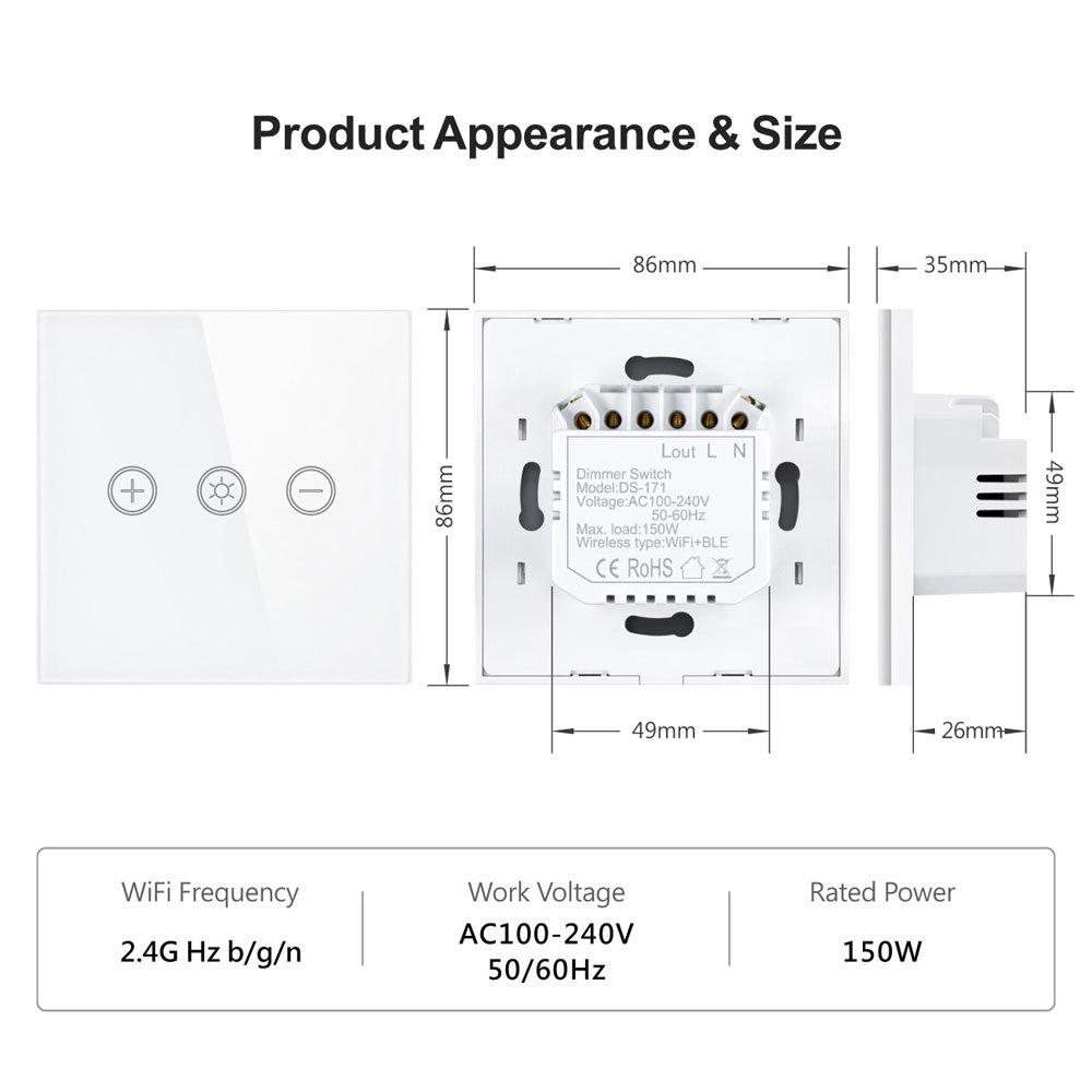 Tuya Smart WiFi Dimmer Switch | EU Touch Panel, App & Voice Control for LED Lights
