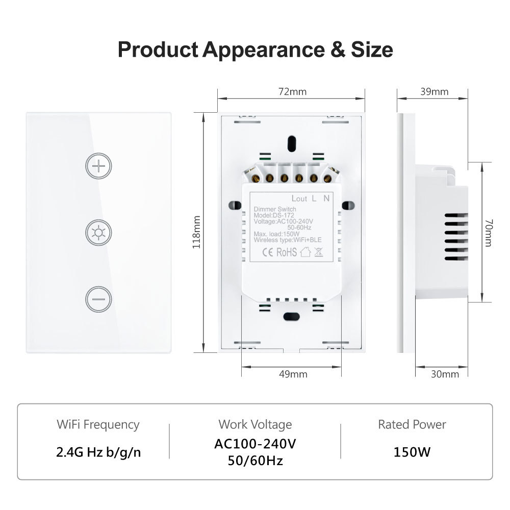 Tuya Smart WiFi Dimmer Switch - US Touch Panel, Voice & App Control for Lights