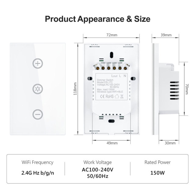 Tuya Smart WiFi Dimmer Switch - US Touch Panel, Voice & App Control for Lights
