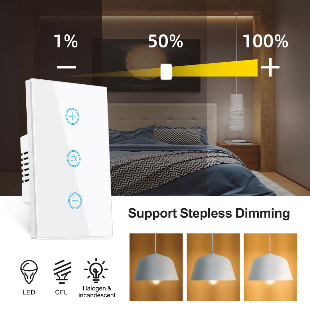 Tuya Smart WiFi Dimmer Switch - US Touch Panel, Voice & App Control for Lights