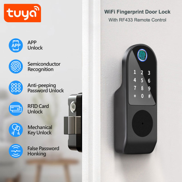 Tuya Smart WiFi Fingerprint Rim Lock with RF433 Remote（Optional) & IC Card Unlock