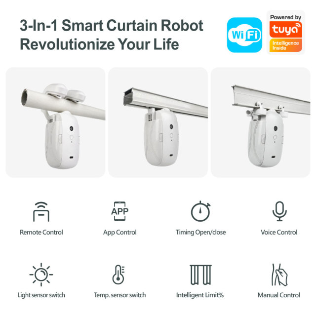 Tuya Smart WiFi Curtain Robot Motor with Voice Control for Roman Pole & Track Curtains