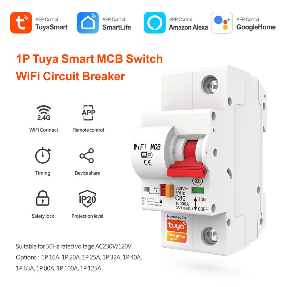 1P Tuya Smart MCB Switch | WiFi Circuit Breaker with Remote Control & Timing