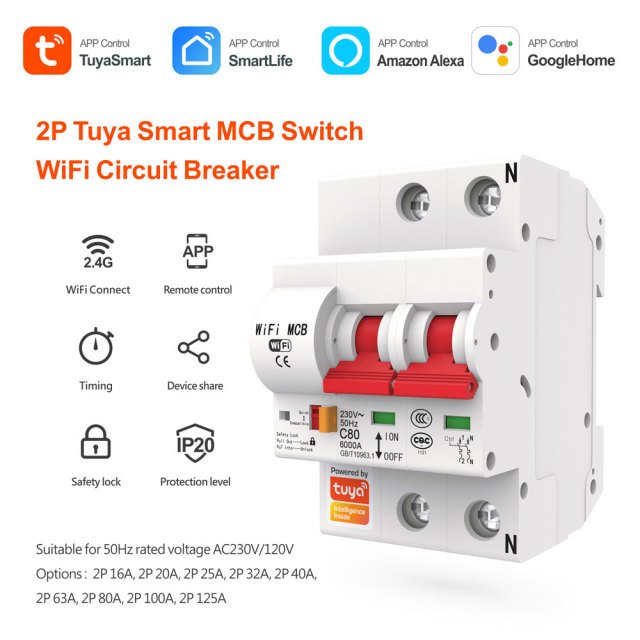 2P Tuya Smart MCB Switch | WiFi Circuit Breaker with Remote Control & Timing