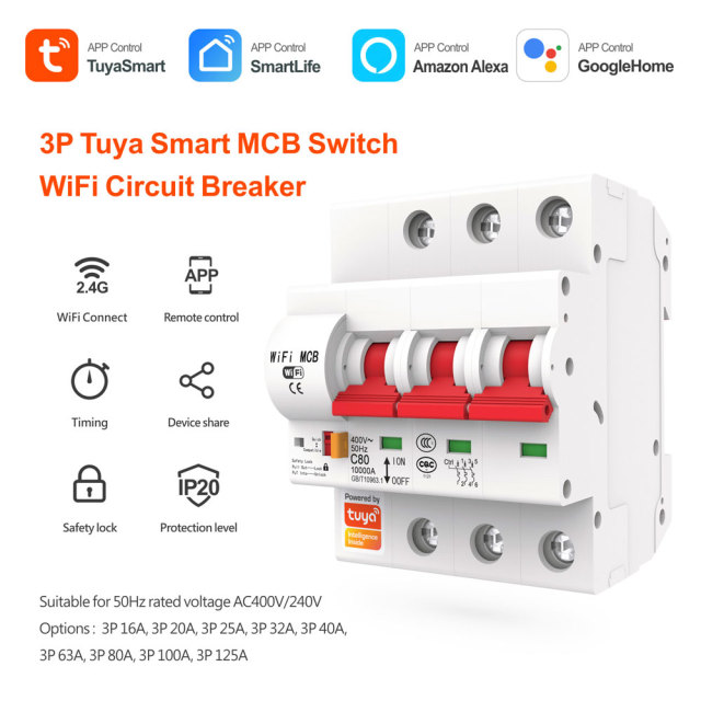3P Tuya Smart MCB Switch | WiFi Circuit Breaker with Remote Control & Timing