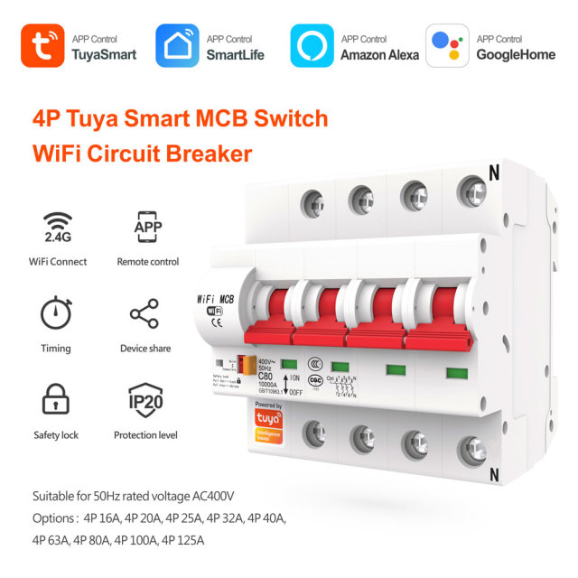 4P Tuya Smart MCB Switch – 4-Pole WiFi Circuit Breaker with App Control & Safety Protection
