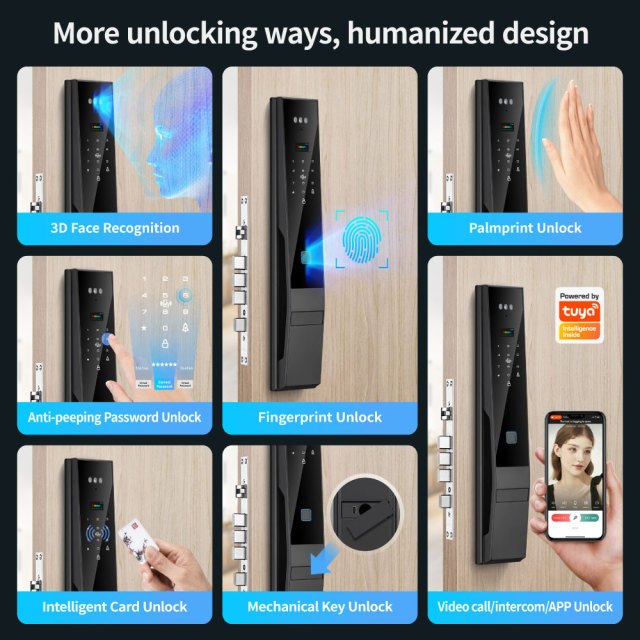 Tuya Smart WiFi Fingerprint Door Lock with 3D Face Recognition, Palm Print & Visual Intercom