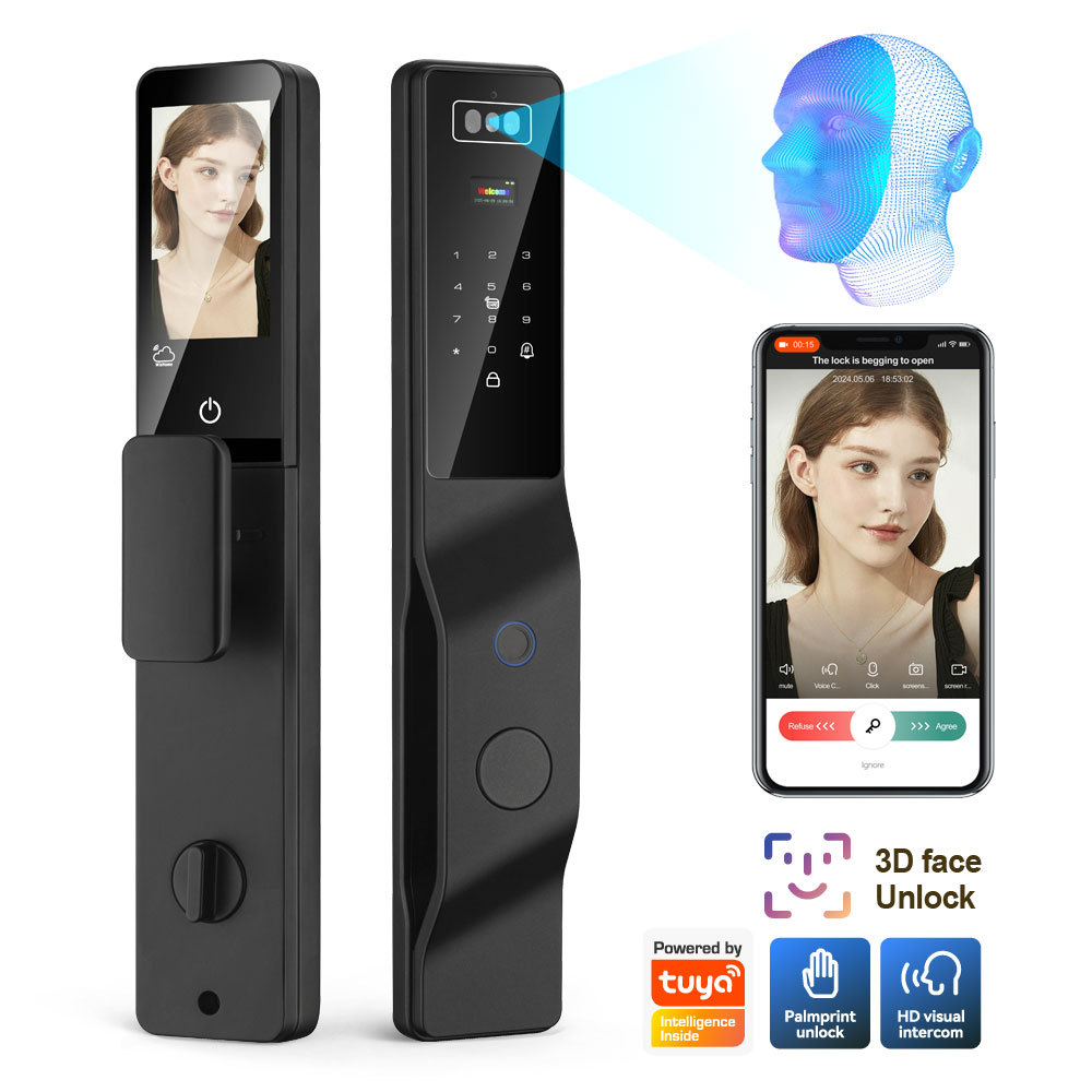 Tuya Smart WiFi Fingerprint Door Lock with 3D Face Recognition, Palm Print & HD Visual Intercom