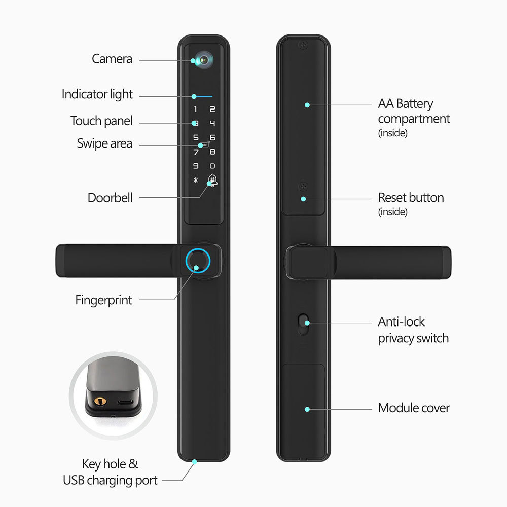 Tuya WiFi Single Side Waterproof Fingerprint Door Lock with HD Camera & Video Doorbell Function