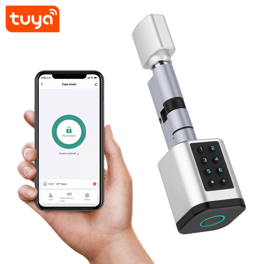 Tuya Smart BLE Fingerprint Password Cylinder Door Lock with Mechanical Key & Card Unlock