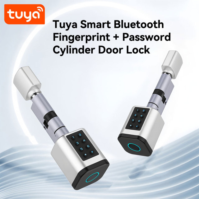 Tuya Smart BLE Fingerprint Password Cylinder Door Lock with Mechanical Key & Card Unlock