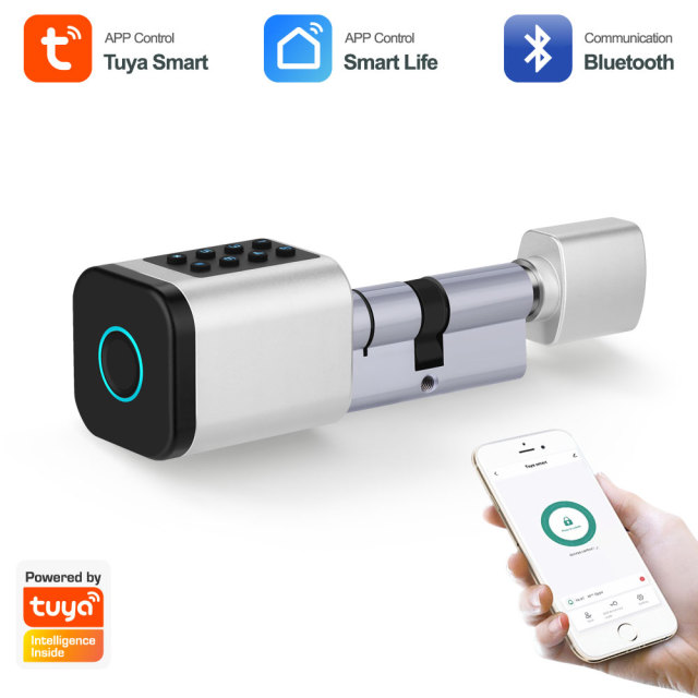 Tuya Smart BLE Fingerprint Password Cylinder Door Lock with Mechanical Key & Card Unlock
