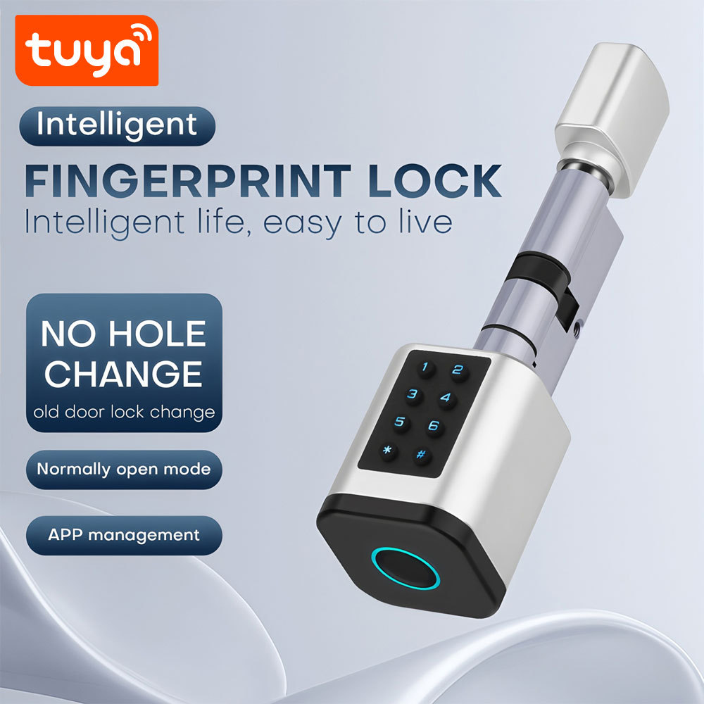 Tuya Smart BLE Fingerprint Password Cylinder Door Lock with Mechanical Key & Card Unlock