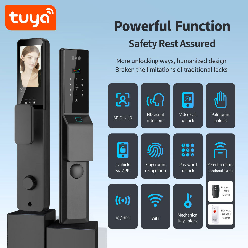 Tuya Smart WiFi Fingerprint Waterproof Door Lock with 3D Face Recognition, Visual Intercom & Palmprint Unlock