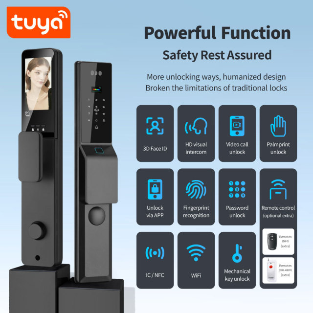 Tuya Smart WiFi Fingerprint Waterproof Door Lock with 3D Face Recognition, Visual Intercom & Palmprint Unlock