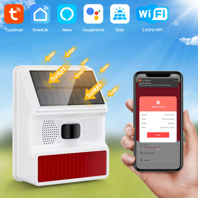 Tuya Smart WiFi Solar Waterproof Multi-functional Siren with PIR Sensor, Anti-tamper, IP65 for Home Security
