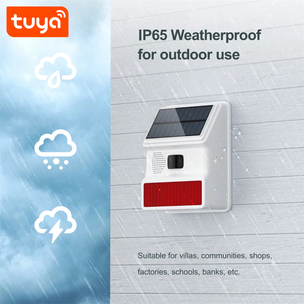 Tuya Smart WiFi Solar Waterproof Multi-functional Siren with PIR Sensor, Anti-tamper, IP65 for Home Security