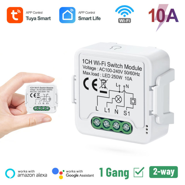 Tuya Smart 1 Channel Wi-Fi Switch Module, 10A, Compact Size, Voice Control & Remote Control for Home Automation