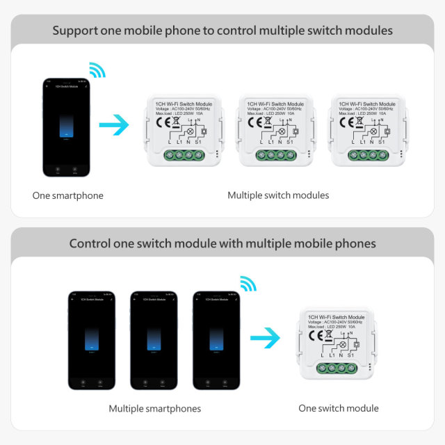 Tuya Smart 1 Channel Wi-Fi Switch Module, 10A, Compact Size, Voice Control & Remote Control for Home Automation