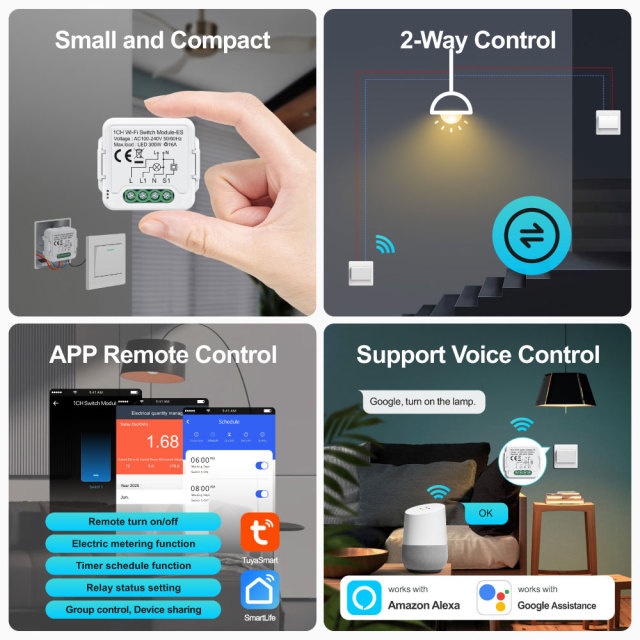 Tuya Smart 1 Channel Wi-Fi Switch Module 16A with Energy Metering, Compact Size, Voice Control for Home Automation