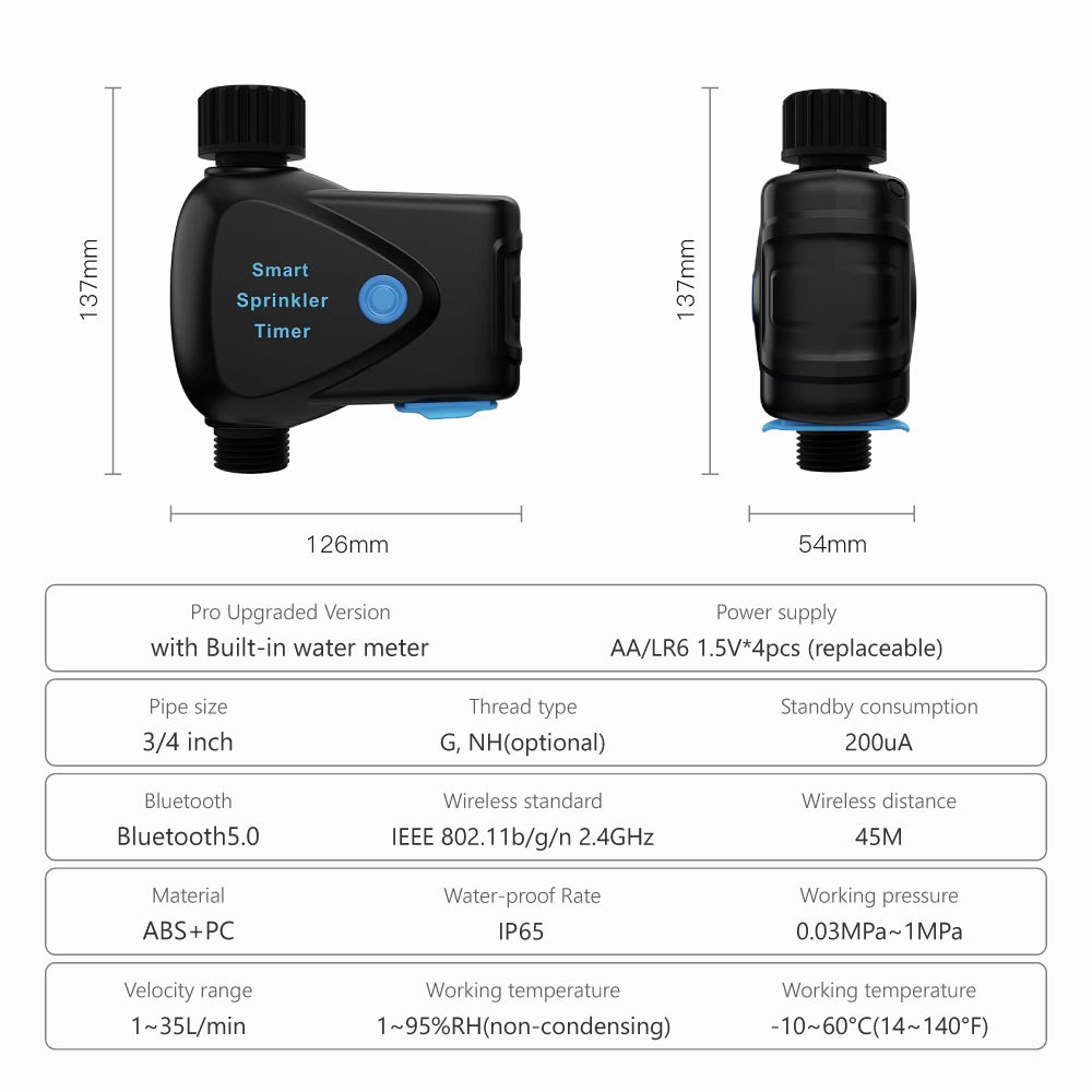 Tuya Smart WiFi Sprinkler Timer Pro with Built-in Water Meter, IP65 Waterproof, BLE Pairing for Garden Irrigation