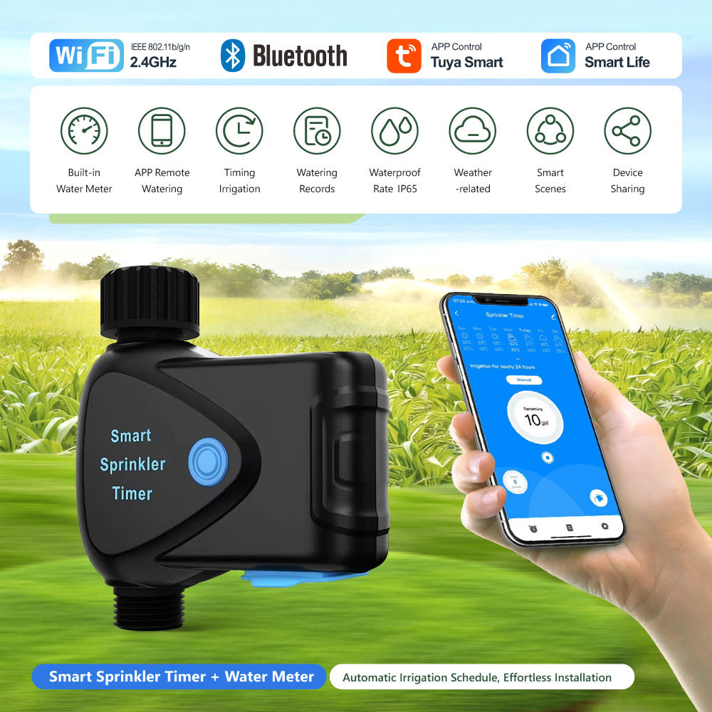 Tuya Smart WiFi Sprinkler Timer Pro with Built-in Water Meter, IP65 Waterproof, BLE Pairing for Garden Irrigation
