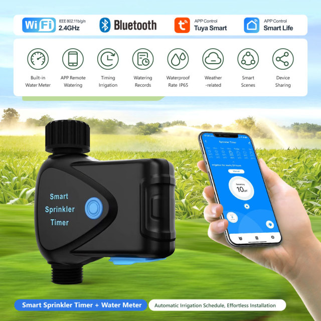 Tuya Smart WiFi Sprinkler Timer Pro with Built-in Water Meter, IP65 Waterproof, BLE Pairing for Garden Irrigation