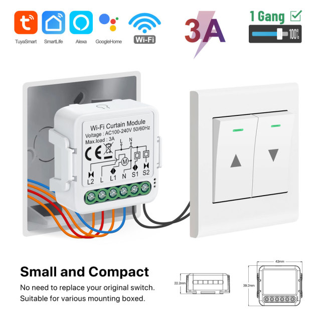 Tuya Smart 1CH Wi-Fi Curtain Module (No RF), 3A, APP & Voice Control