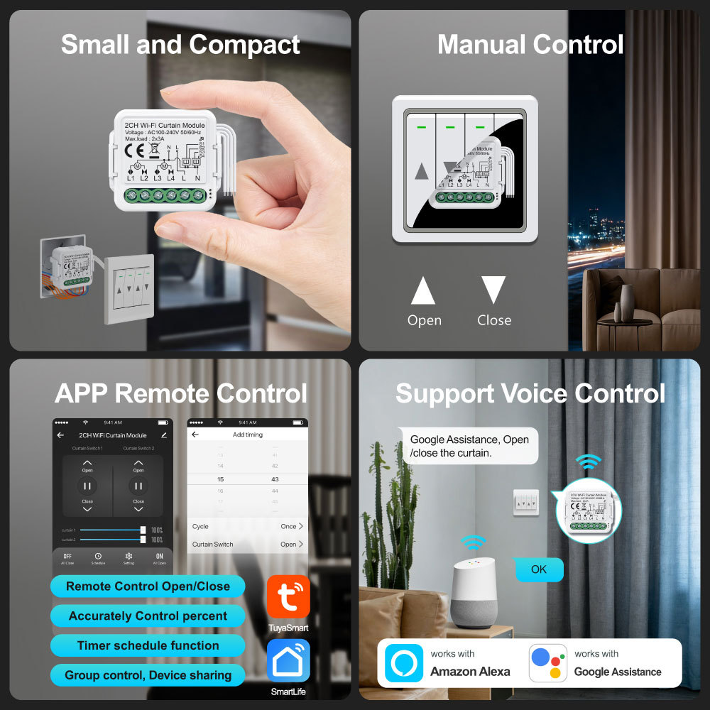 Tuya Smart 2CH Wi-Fi Curtain Module (No RF), 2×3A, APP & Voice Control