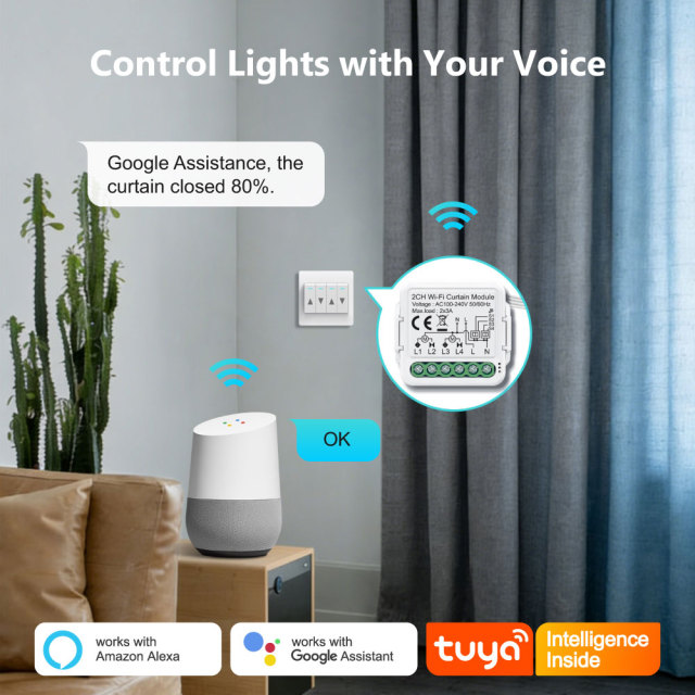 Tuya Smart 2CH Wi-Fi Curtain Module (No RF), 2×3A, APP & Voice Control