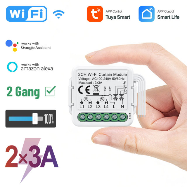Tuya Smart 2CH Wi-Fi Curtain Module (No RF), 2×3A, APP & Voice Control