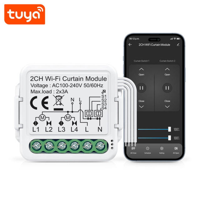 Tuya Smart 2CH Wi-Fi Curtain Module (No RF), 2×3A, APP & Voice Control