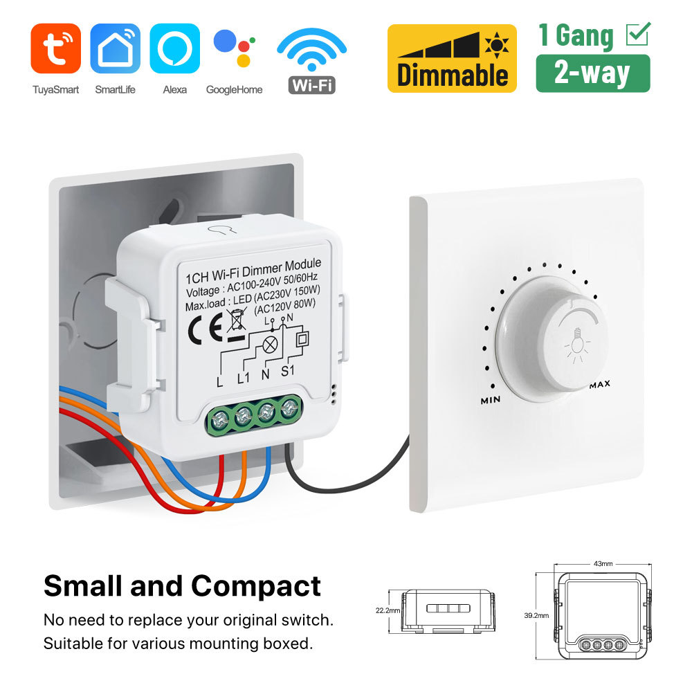 Tuya Smart 1 Channel WiFi Dimmer Module, Stepless Dimming, APP & Voice Control for Home Lighting