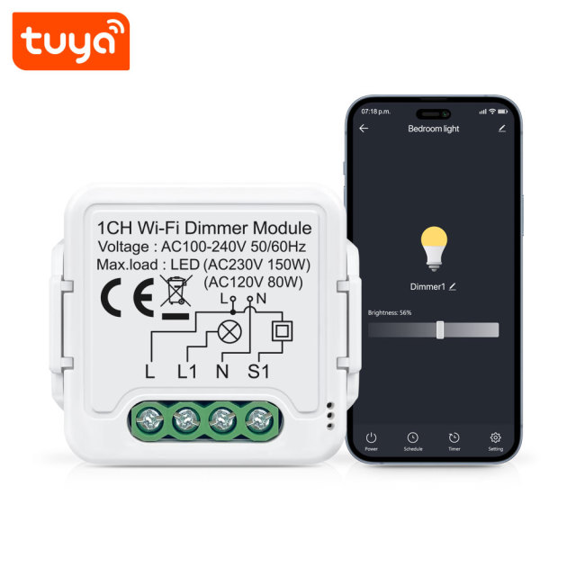 Tuya Smart 1 Channel WiFi Dimmer Module, Stepless Dimming, APP & Voice Control for Home Lighting