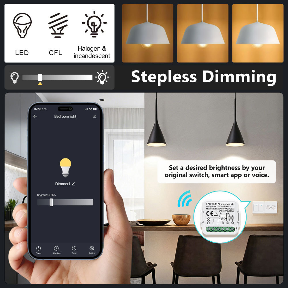 Tuya Smart 2 Channel WiFi Dimmer Module, Stepless Dimming, APP & Voice Control for Home Lighting