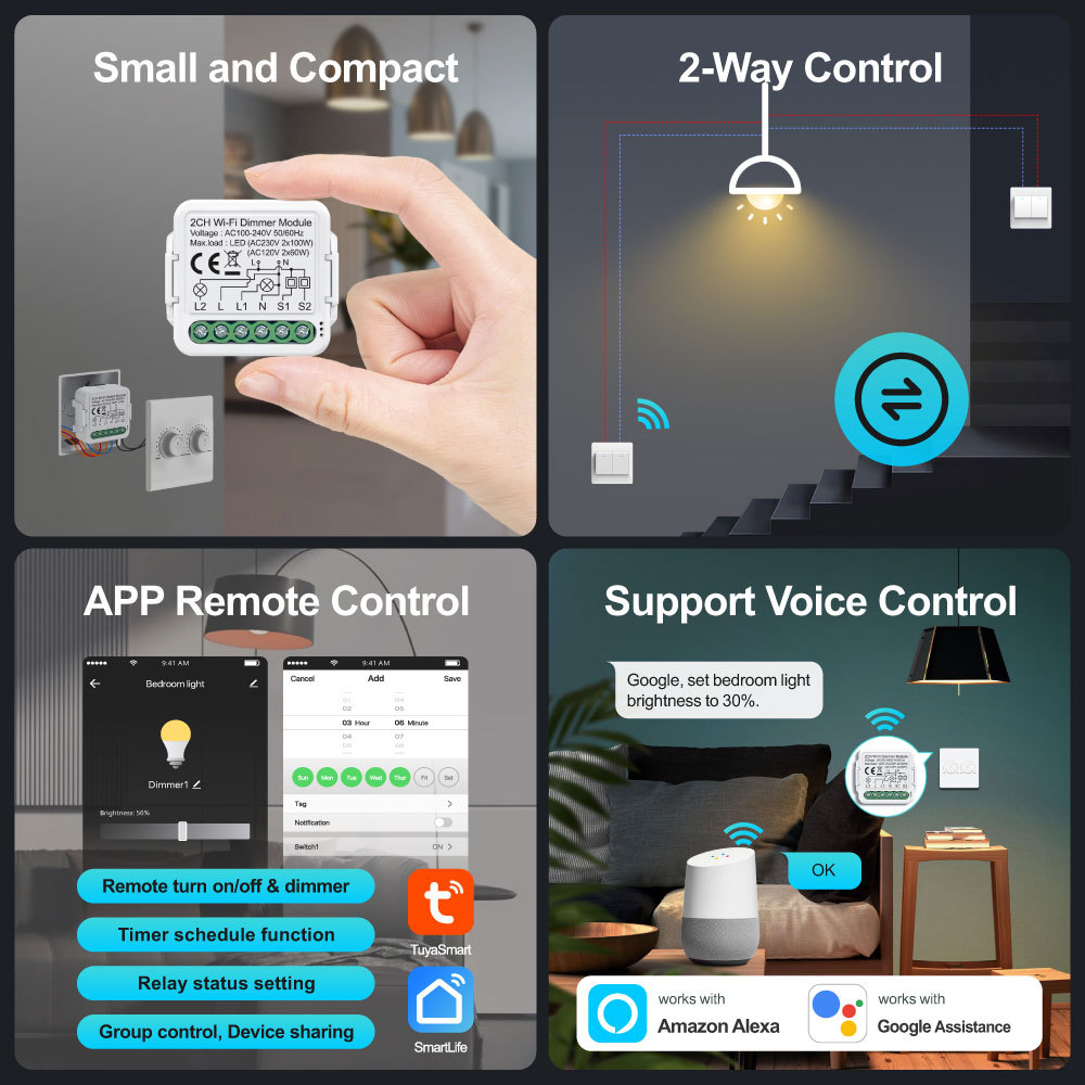 Tuya Smart 2 Channel WiFi Dimmer Module, Stepless Dimming, APP & Voice Control for Home Lighting