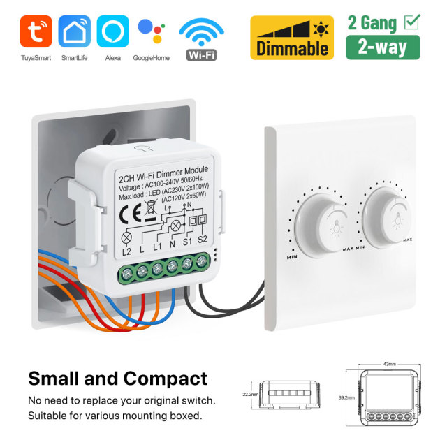 Tuya Smart 2 Channel WiFi Dimmer Module, Stepless Dimming, APP & Voice Control for Home Lighting