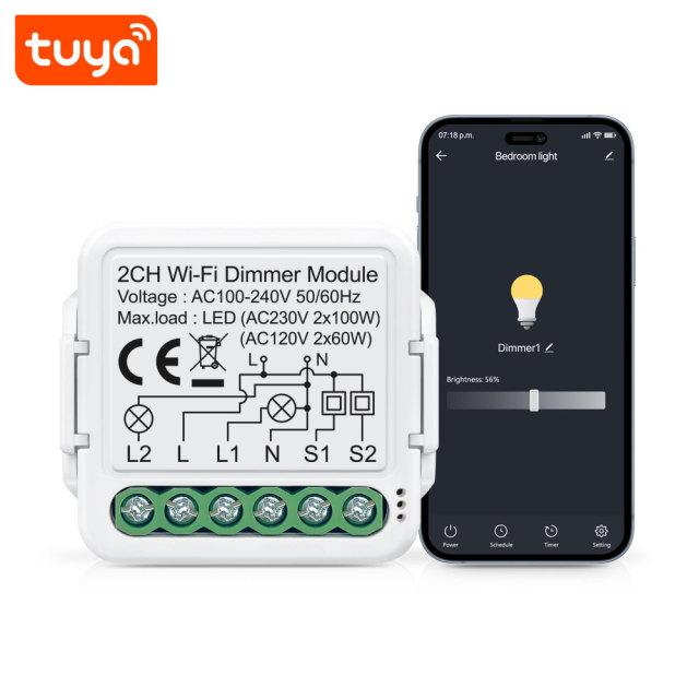 Tuya Smart 2 Channel WiFi Dimmer Module, Stepless Dimming, APP & Voice Control for Home Lighting