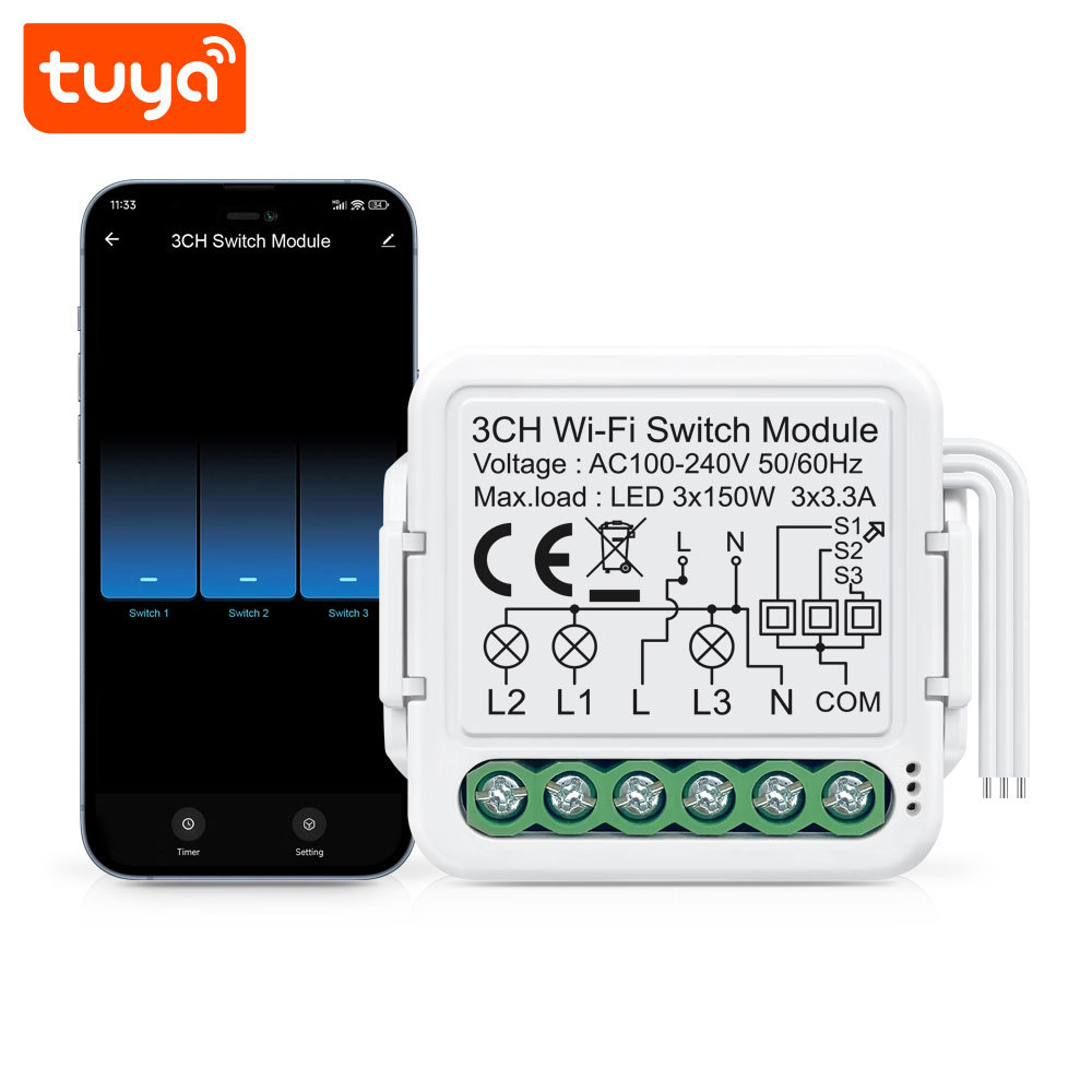 Tuya Smart 3 Channel Wi-Fi Switch Module, 3x3.3A Relay, APP & Voice Control for Home Automation