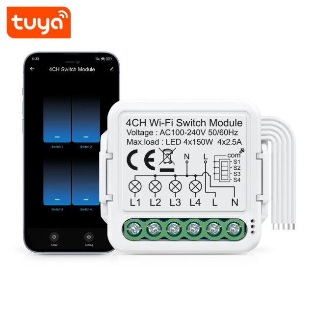 Tuya Smart 4 Channel Wi-Fi Switch Module, 4x2.5A Relay, APP & Voice Control for Home Automation