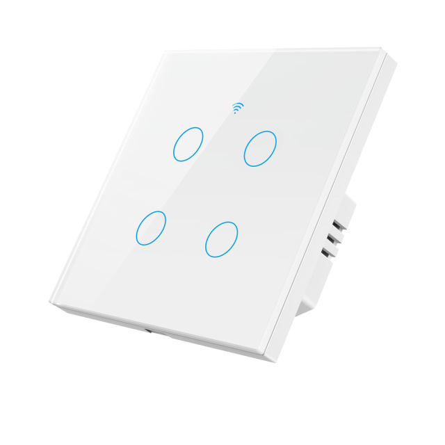Tuya Smart 4-Gang WiFi EU Touch Switch, Tempered Glass Panel, LED Backlight, Neutral Wire Optional