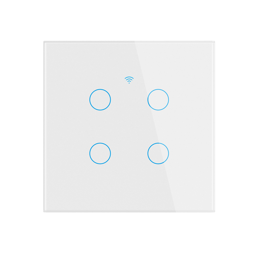 Tuya Smart 4-Gang WiFi EU Touch Switch, Tempered Glass Panel, LED Backlight, Neutral Wire Optional