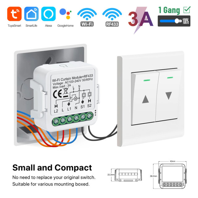 Tuya Smart 1CH Wi-Fi Curtain Module With RF433, 3A, APP & Voice Control for Smart Home Curtain Automation