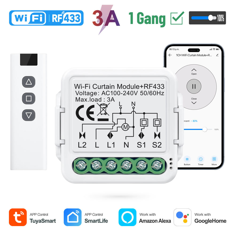 Tuya Smart 1CH Wi-Fi Curtain Module With RF433, 3A, APP & Voice Control for Smart Home Curtain Automation