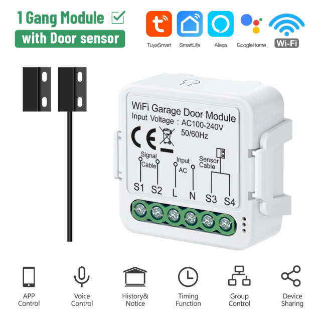 Tuya Smart WiFi Automatic Garage Door Opener Module with Door Sensor, APP & Voice Control