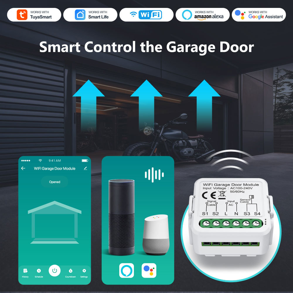 Tuya Smart WiFi Automatic Garage Door Opener Module with Door Sensor, APP & Voice Control